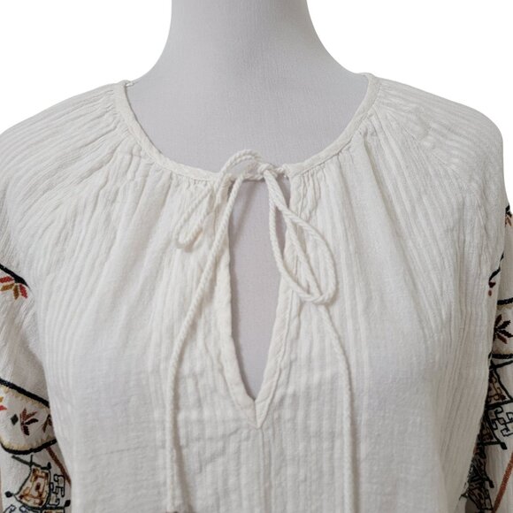 Zara Size M Off White with Boho Embroidery Keyhole-Tie Front Peasant Top, Blouse - Picture 3 of 15